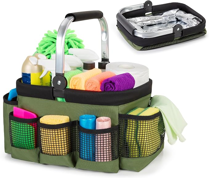 PGmoon Foldable Cleaning Caddy with Rotate Handle and Multi-Pockets | Cleaning Supply Organizer Bag with Easy Clean Liner, Portable Small Cleaning Tote for Kitchen Cleaning Supplies,Housekeepers