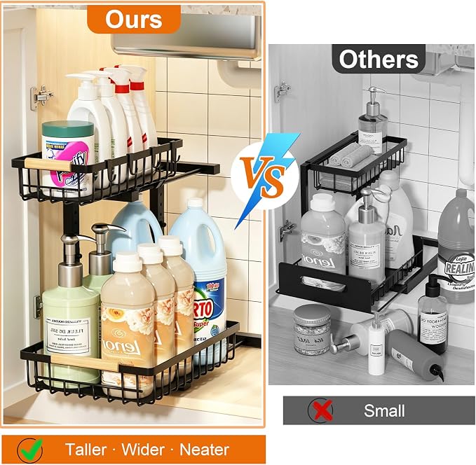 REALINN Under Sink Organizer, Adjustable 2 Tier Pull Out Kitchen Bathroom | cabinet organizer, 5 level adjustable, quiet sliding rails, dual suction and nano tape, no drill, rust resistant holds 50 lbs