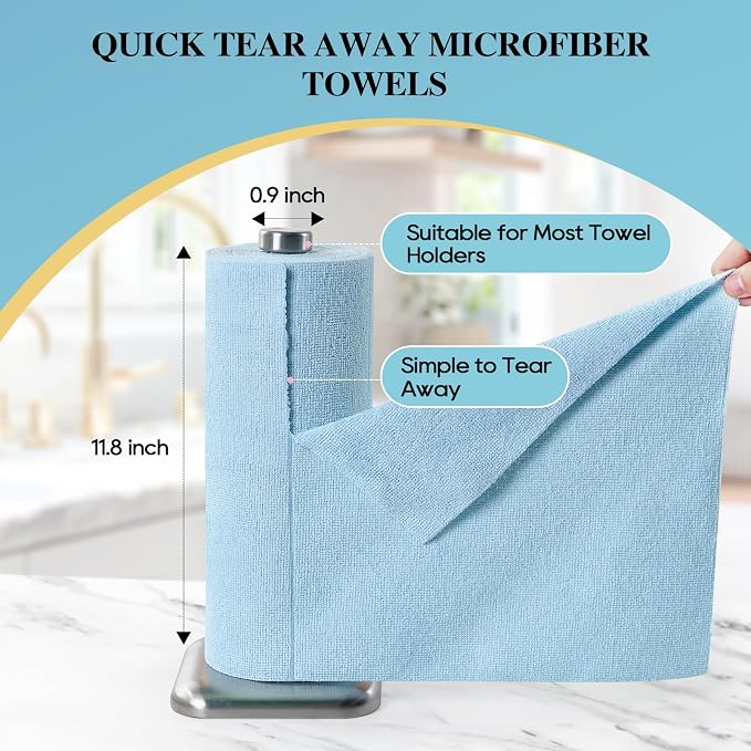 Microfiber Cleaning Cloth Roll 45 Pack, 12"×12", Reusable, Tear Away, Blue | Washable Paper Towels, Highly Absorbent, Lint Free, All-Purpose Washable Cleaning Rags for Kitchen, Window, Car, Shop