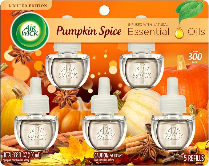 Air Wick Plug in Scented Oil Refill, 5 ct, Pumpkin Spice, Air Freshener, Essential Oils, Fall Scent, Fall Decor