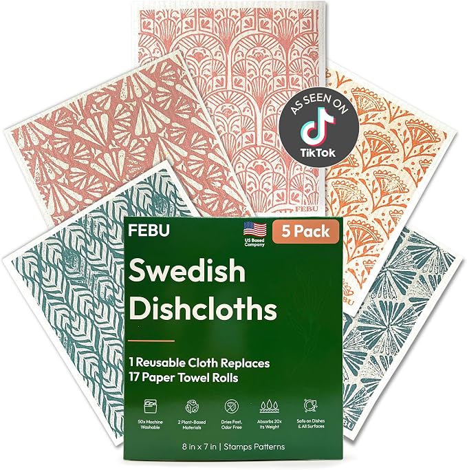 FEBU Swedish Dishcloths for Kitchen, 5 Pack, Stamps | Reusable Paper Towels Washable, Non-Scratch Cellulose Sponge Cloths, No Odor, Biodegradable