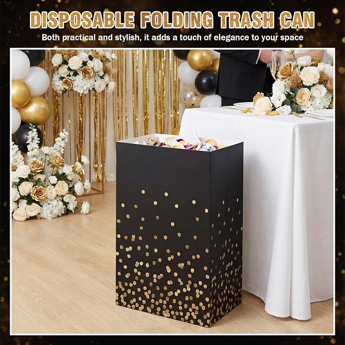 Tinlade 6 Pack 13 Gallon Pop up Trash Cans Black and Gold Disposable Garbage Cans for Party Large Waterproof Trash Can Foldable Bins for Graduation Prom Birthday Anniversary Party Gathering