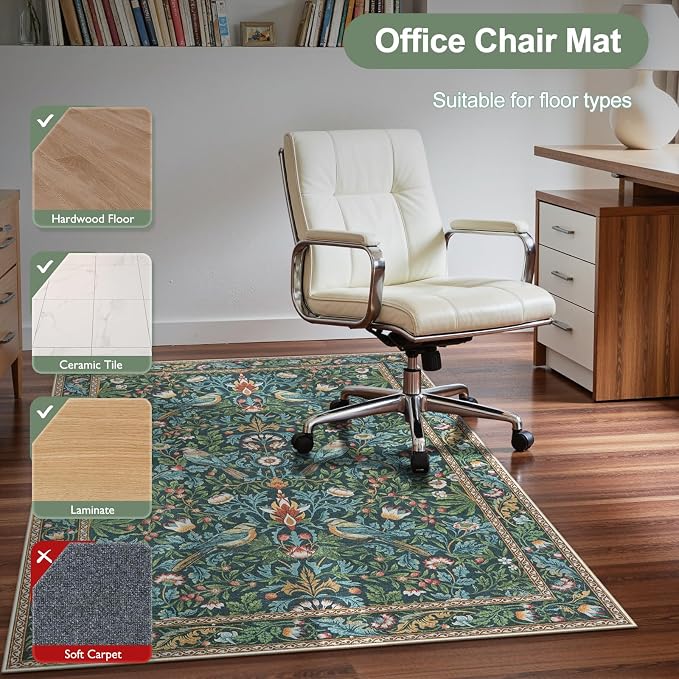 Anidaroel 36"x48" Office Chair Mat for Hardwood Floor/Tile Floor, Vintage Desk Rug for Office, Anti-Slip Office Rugs for Rolling Chairs, Low Pile Offices Chair Rug,Navy Blue Floral Bird