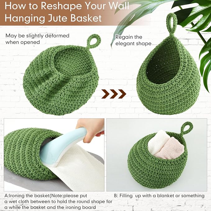 Honeydak 3 Hanging Baskets, Sage Green, Green, White, Teardrop, Cotton Rope | Wicker Wall Baskets with Hooks for Fruit Vegetable Onion Storage, Teardrop Organizer for Kitchen, Boho Farmhouse Decor