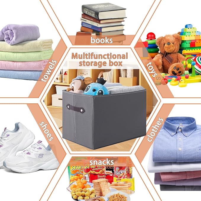 1 Pack Large Collapsible Storage Baskets for Shelves,14.9"x9.5" Fabric Closet storage Boxes with Leather Handles,Decorative Organizers Storage Bins for Clothes,Sheets,Toys,Books,(Gray)