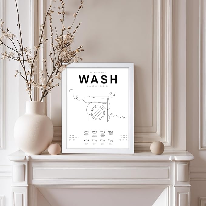Poster Master 3-Piece Wash Dry Fold Print - Laundry Poster - Line Drawing Art - Black & White Design - Symbols & Guide Art - Minimal Laundry Room Decor - 11x14 White Framed