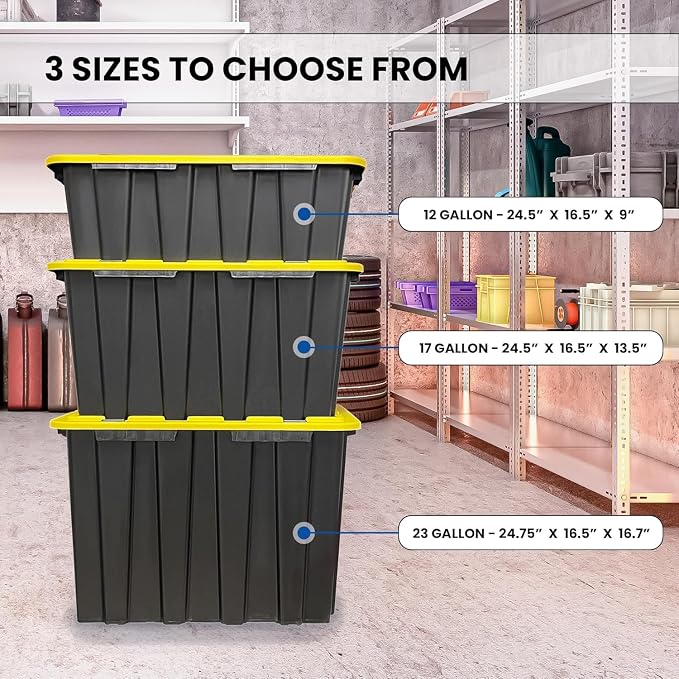 4 PACK of 17 Gallon Large Black & Yellow Storage Bins | Plastic Tote Organizing Container with Secure Latching Lids, Stackable, Extra Strength with Built in Handle | 24.5" x 16.5" x 13.5"
