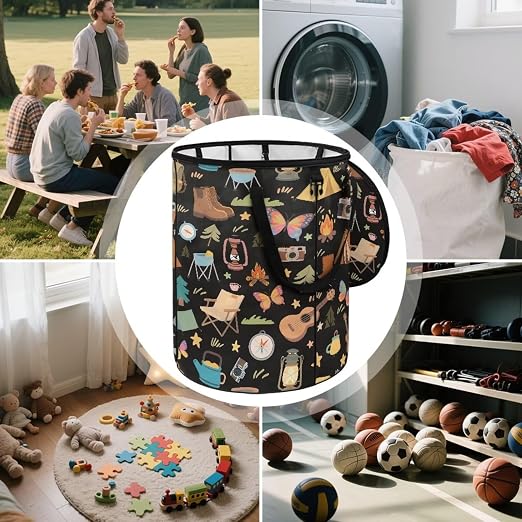 Black Collapsable Trash Can with Lid 20+ Gallon Cute Trash Can Bags with Butterfly Tent Print Waterproof Outdoor Garbage Cans for Camping, RV's, Picnic