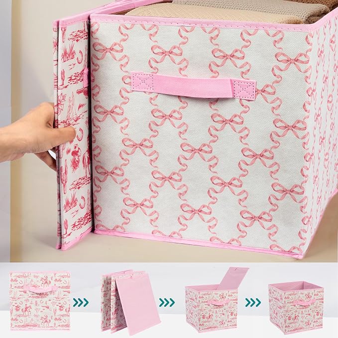 6 Pcs Pink Western Cube Storage Bins 12.5 Inch Cowgirl Storage Basket with Handle, Preppy Girls Organizer Basket, Collapsible Fabric Box for Classroom Bedrooms Office Home Decoration (Pink western)