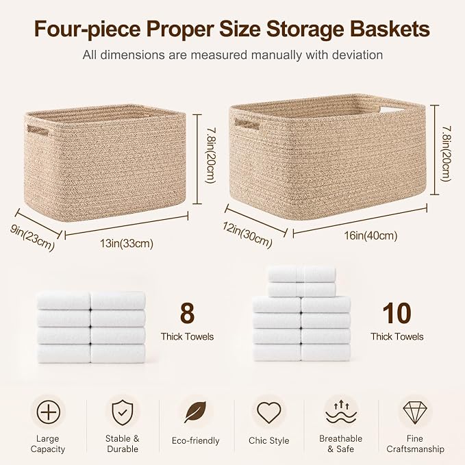 OIAHOMY 4 Pack Storage Baskets for Organizing 24L Cube Storage Bins Brown | Woven Baskets for Storage Rectangle Small Baskets With Handles Baskets for Shelves Wicker Baskets for Shelves 16x12x8inch