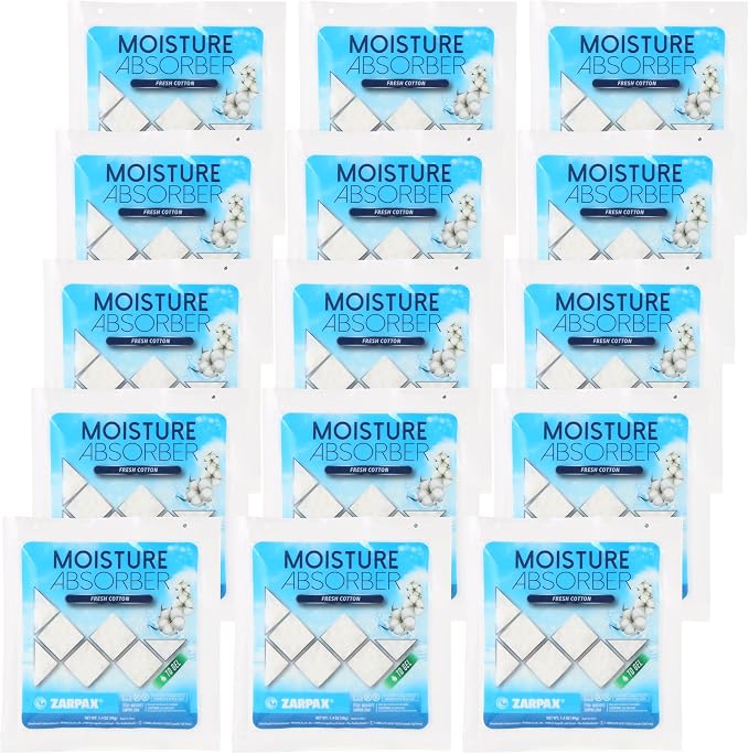 Zarpax Moisture Absorber Sachets Fresh Cotton 1.4 oz/40g - Remove Excess Moisture In Air & Odor - Desiccant Dehumidifier for Closet, Drawer, Safe, Storage - Dampness & Humidity Control - Set of 15