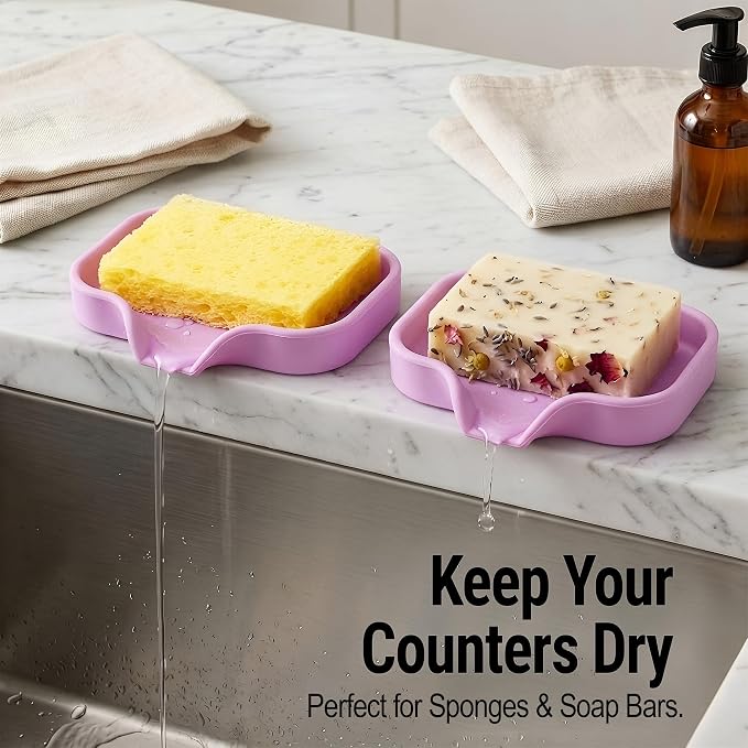 Zulay Kitchen Small Silicone Sponge Holder (4.9x3.3”) – Space-Saving Sink Organizer Tray for Sponge, Soap, Brush & More – Compact Non-Slip Dish for Kitchen & Bathroom (Lavender)