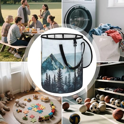 Natural Scenery Outdoor Garbage Can with Lid Fashion Car Trash Can for Back Seat Floral Waterproof Foldable Trash Cans for Camping Bedroom Decoration