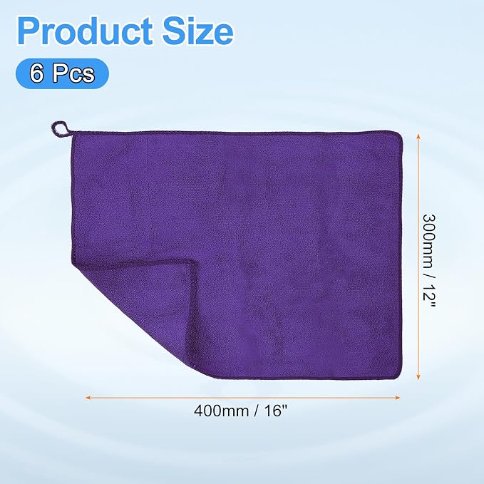 HARFINGTON 6 Pack Microfiber Cleaning Cloth, 16" x 12" Multi-Functional Cleaning Towels Reusable Absorbent Rags with Hook for Car Wash Kitchen Household Window Clean, Purple