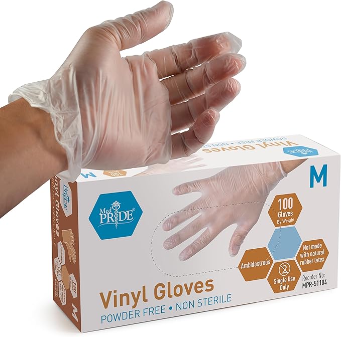 MedPride General Purpose Powder-Free Vinyl Gloves, Medium, Box/100