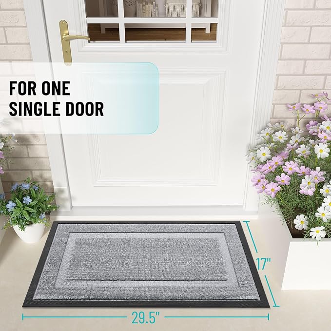 OLANLY Front Door Mat Outside 29.5x17, All-Season Heavy-Duty Rubber Doormat | Silver Gray, Absorbent, Stain Fade Resistant, Waterproof Non-Slip Backing, Low-Profile Indoor Outdoor Floor Mat for Entryway