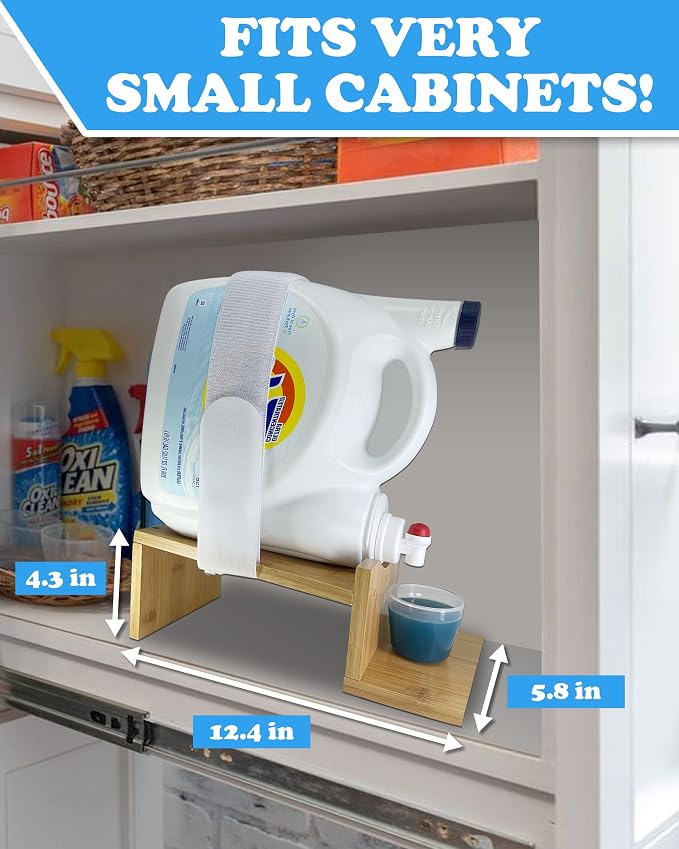 Liquid Laundry Detergent Holder Stand with Tray & Strap - 1 Pack - Wood | Easy Pouring, Rubber Feet, Angled Stand, Fabric Softener Dispenser for Laundry Room Organization & Storage