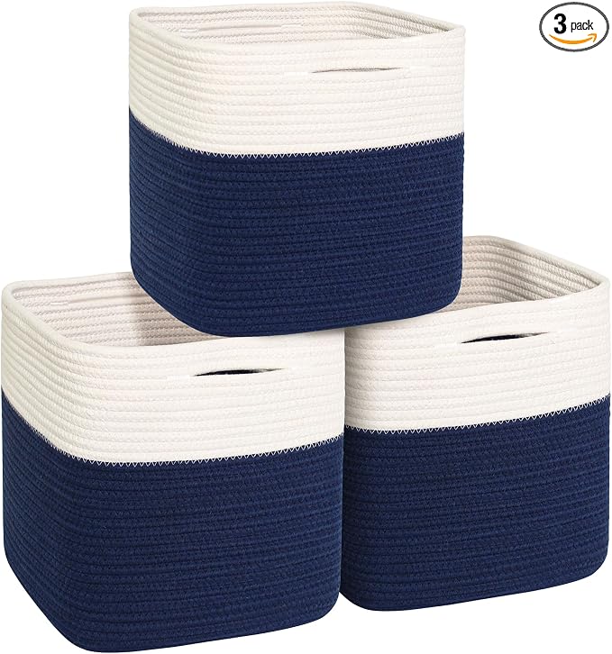 11x11 Cube Storage Bin - 3 Pack Woven Storage Cubes Organizer, 11 Inch Cotton Rope Baskets for Organizing, Decorative Square Shelf Baskets Closet Bins, Toy Boxes for Boy, Dark Blue Decor