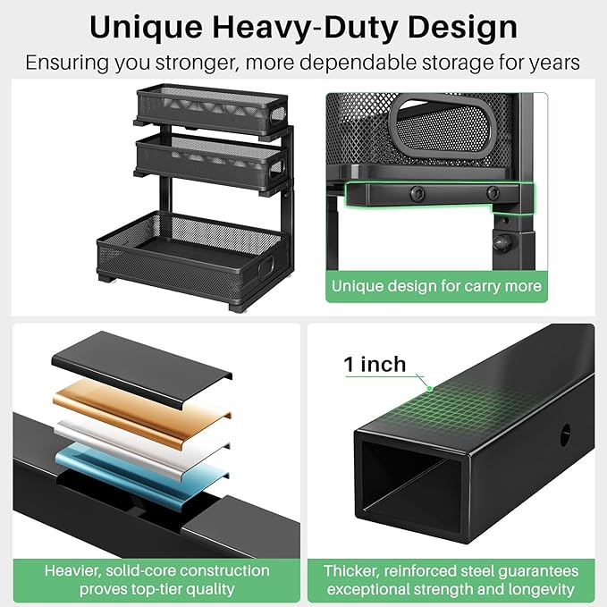 Kitstorack Under Sink Organizer, 2-Pack 3-Tier Height Adjustable Thickened Metal Pull out Cabinet Organizer Shelf, Slide out Storage Drawer Rack for Bathroom Kitchen Pantry Home Laundry Organization