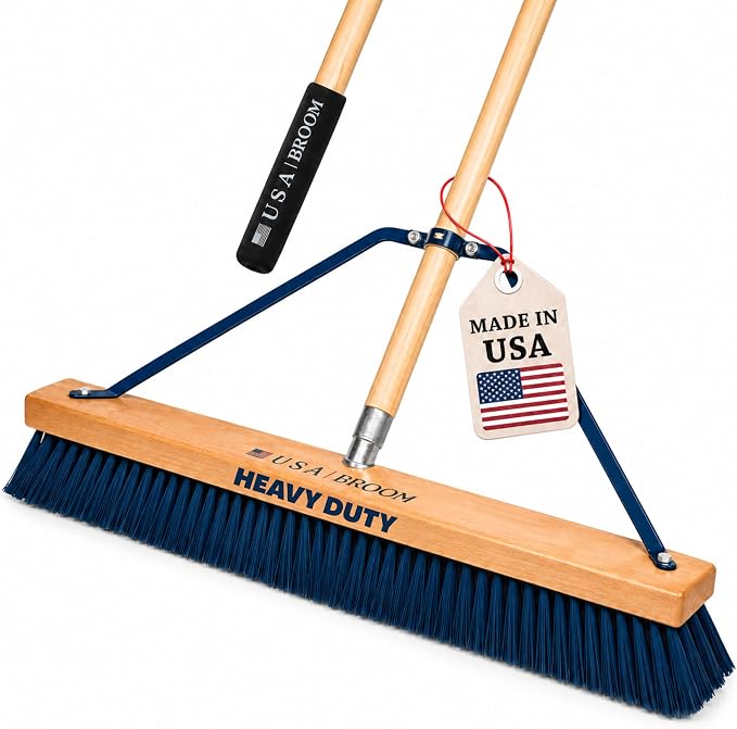 24" Heavy Duty Outdoor Push Broom with 60" Handle. Ideal for Asphalt, Concrete & Heavy Debris. Durable American Made Steel Brackets-Stainless Steel Hardware. No Plastic. 100% USA Made
