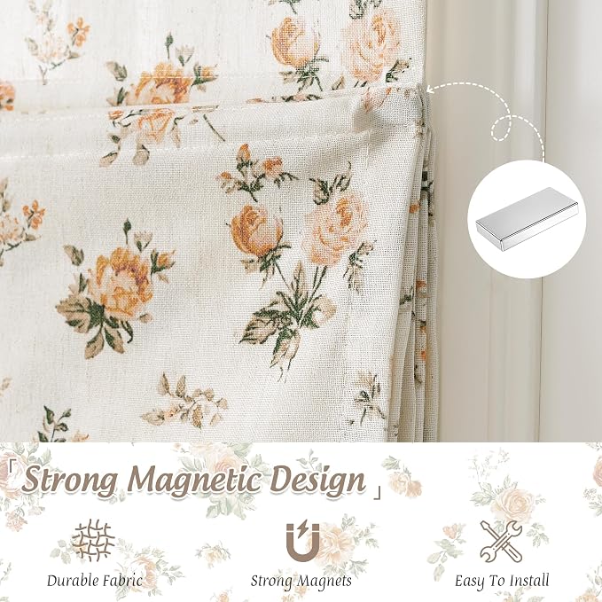 StangH Oak Yellow Cordless Linen Floral Roman Shades, W32 x L64, 1 Panel | Magnetic Style with Easy Handle, Light Diffusing Window Blind, Vintage Rose Printed Blind, for Nursery