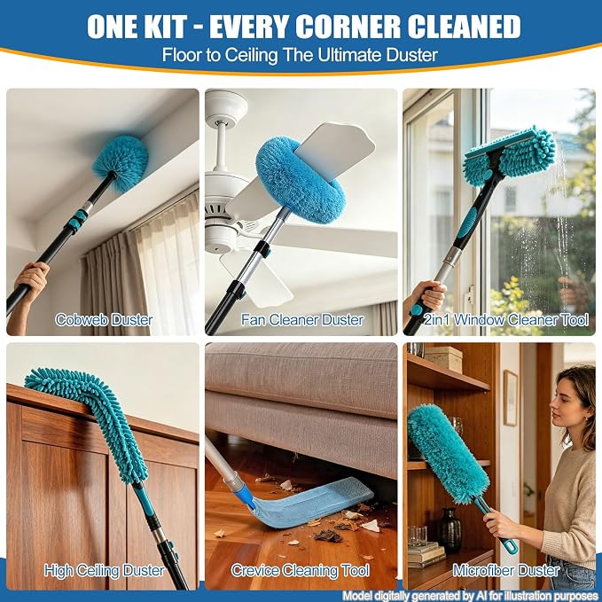 FIDISP 20FT High Ceiling Duster Kit 4.5-12ft Extension Pole Heavy Duty 9PCS | Ceiling Fan Cleaner Duster & Spider Web Brush Ideal For Home, Commercial Ceilings. Non-Shaking Cleaning Windows & Outdoor