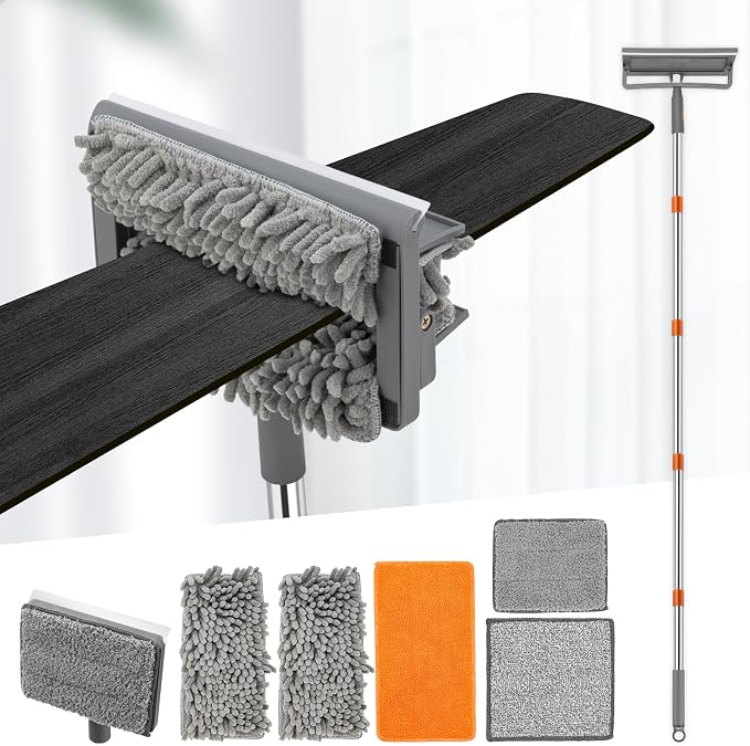 CALBEAU Baseboard Cleaner Tool with Handle, Ceiling Fan Cleaner Duster | 84'' Pole; 2 Chenille + 3 Microfiber Reusable Pads; Squeegee for Streak-free; for Ceiling Fan, Baseboard, Wall, Window, Floor