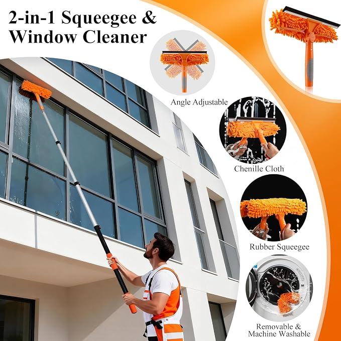 20ft Extendable Duster Kit for High Ceilings with Extension Pole | Tall Cobweb Duster, Microfiber Ceiling Fan Duster, 2-in-1 Window Squeegee, Wall Mop for Home Ceiling Wall High Reach Cleaning