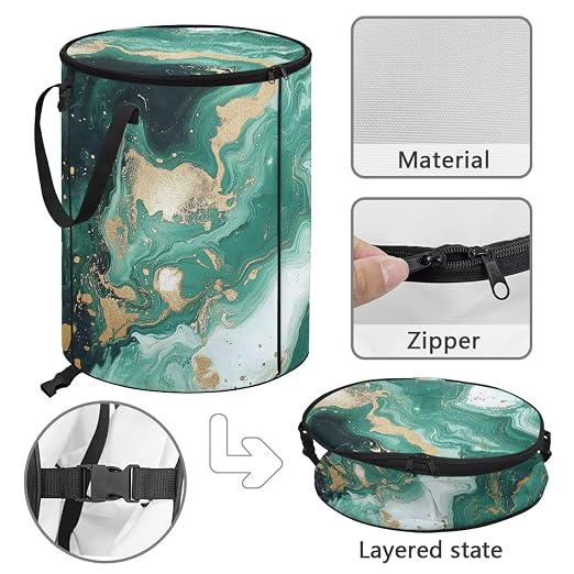 doginthehole Green Marble Print Outdoor Trash Can with Lid Large Capacity Collapsible Trash Can for RV Waterproof Garbage Bags for Yard, Camping, Picnic Home Outdoor Decoration