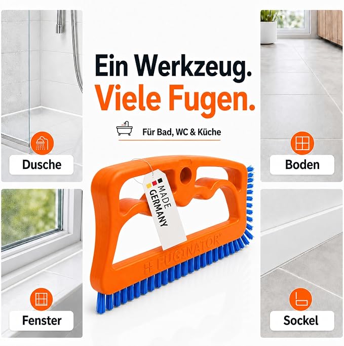Fuginator Scrub Brush for Tile and Grout: Stiff Nylon Bristle Scrubbing Brush - Bathtub and Shower Scrubber for Floor Joints and Tile Seams - Cleaning Brush (Orange/Blue)