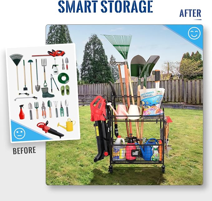 Mythinglogic Rolling Garden Tool Organizer for Garage, Yard and Lawn Tools | Metal rolling rack with multiple tool slots, movable hooks and locking casters for rakes, shovels, brooms and yard tools