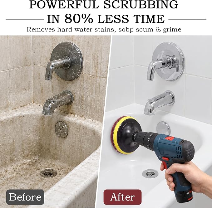 5 Inch 15 PCS Scouring Pads Drill Brush Power Scrubber Cleaning Kit | Hook and Loop Scrub Pads Drill Attachment with Accessories for Bathroom Scale Removal, Rust Removal, Metal & Tile Cleaning