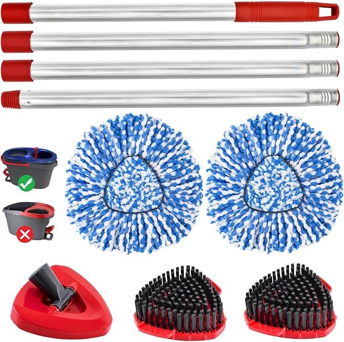 Spin Mop Handle, Mop Replacement Heads,Brush,Base Compatible with OCedar RinseClean 2 Tank,Inclued 2 Microfiber Mop Heads,1 Mop Base,2 Brush and 4-Section Mop Handle for Ocedar,Use for Floor Cleaning