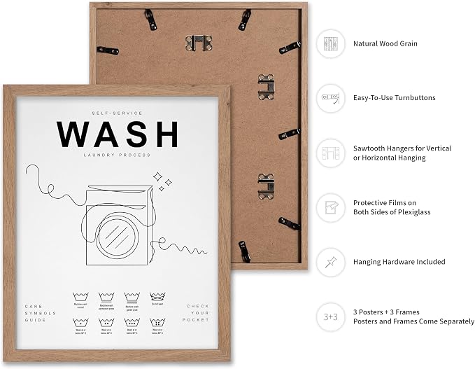 Poster Master 3-Piece Wash Dry Fold Print - Laundry Poster - Line Drawing Art - Black & White Design - Symbols & Guide Art - Minimal Laundry Room Decor - 11x14 Beige Framed