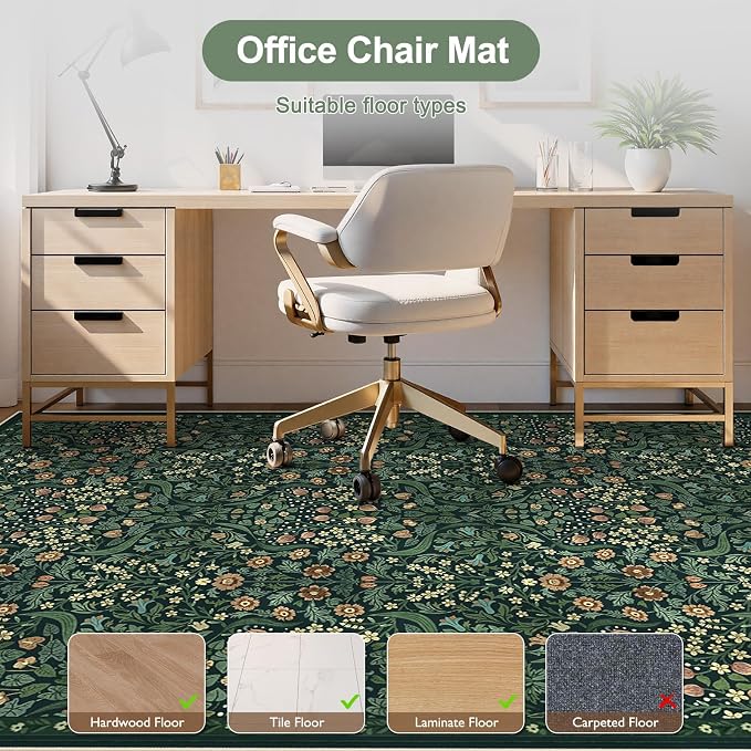 Anidaroel Office Chair Mat for Hardwood Floor/Tile Floor, 8x10 Floral Desk Chair Mat for Hard Floors, Desk Rug Protector for Rolling Computer Gaming Chairs, Anti Slip Machine Wash Low Pile Carpet
