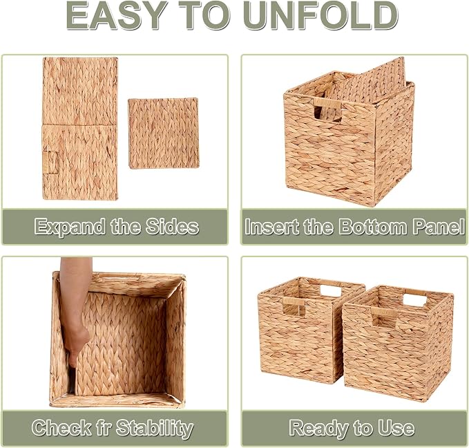 LYJWOO6D Water Hyacinth Storage Baskets 11x11x11 Inch Set of 2 | Handwoven Foldable Wicker Cubes with Sturdy Handles, Rustic Laundry Organizer for Bedroom Shelves, Kitchen, Bathroom