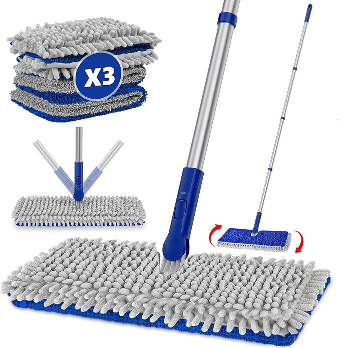 2-Sided Microfiber Dust Mop for Hardwood Floors & Walls | Flat Flip Head, Wet Dry Use, 3 Chenille & Microfiber Pads, 58" Handle, 360° Swivel, Sweep Pet Hair, Tile, Laminate, Kitchen