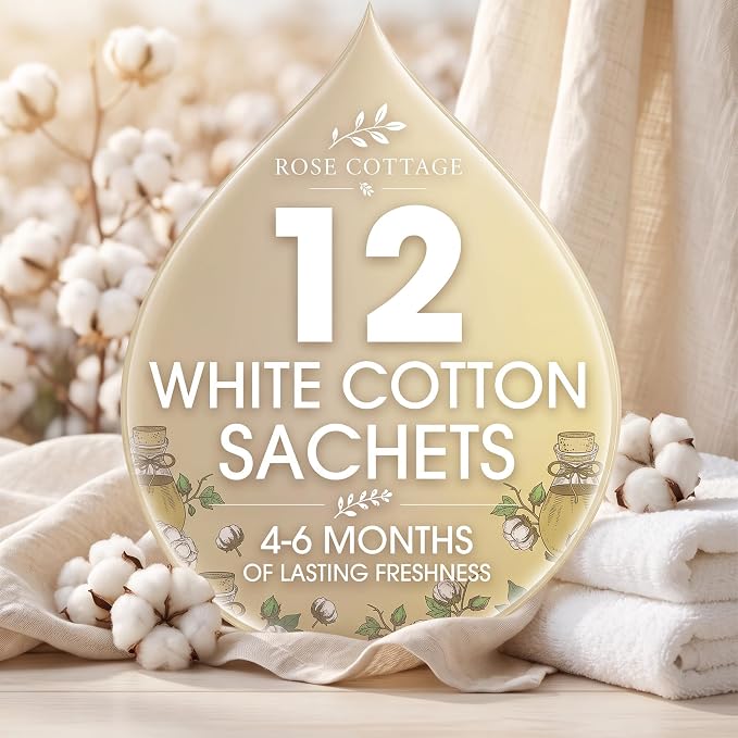 Large 12 Packs White Cotton Hanging Scented Sachets Long-Lasting Closet Deodorizer Air Freshener Fabric Refresher Odor Eliminator for Drawer Home Fragrance Gift Set