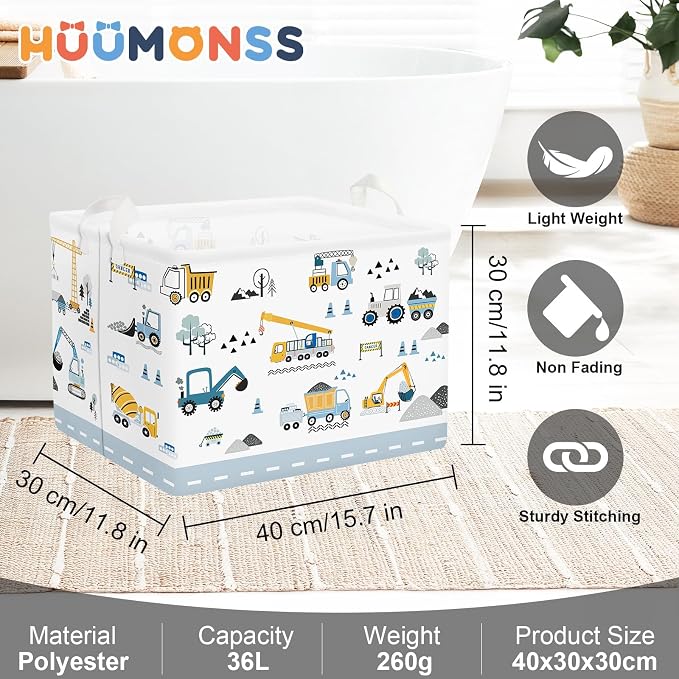 Cars Laundry Hamper Cartoon Vehicle Large Storage Basket Collapsible Parents Organizer Boy Toy Clothes Bins for Bedroom, Bathroom, Crane, 36L