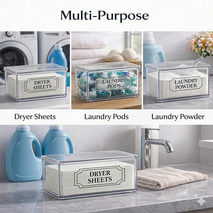 SSTATES Clear Acrylic Dryer Sheets Holder, Flip-top Laundry Pods Container with 2 Label Decals for Laundry Room Organization and Décor, Stackable Storage Box (1 Pc)