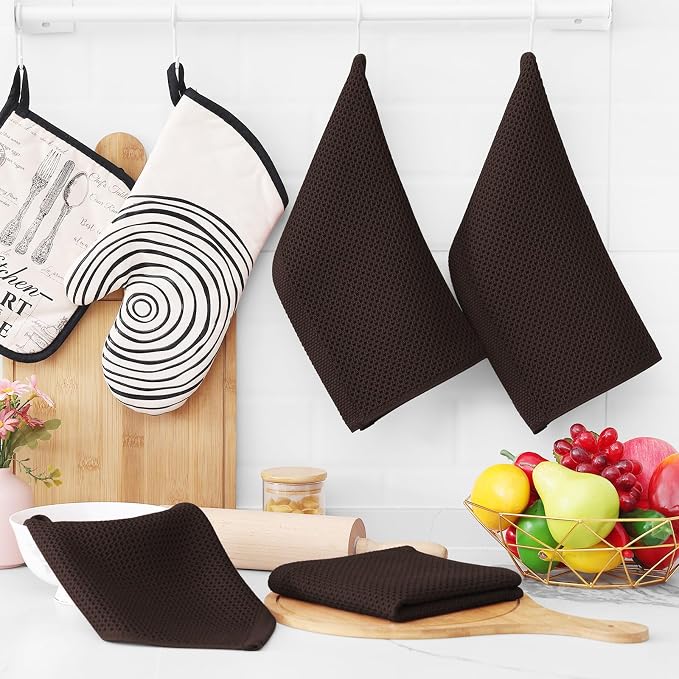 Homaxy 100% Cotton Waffle Weave Kitchen Dish Cloths 6-Pack, Dark Brown | 12 x 12 Inches, Ultra Soft Absorbent Dish Towels, Quick Drying Dish Rags with Hanging Loop