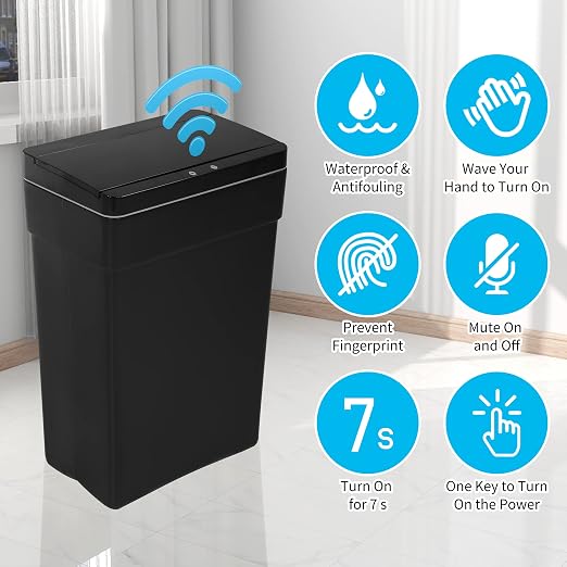 BLKMTY 13 Gallon Plastic Trash Can with Lid, Black, 50 Liters | Motion Sensor Garbage Can, for Kitchen, Home, Office, Bathroom