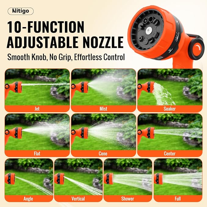 Nitigo Ultra Lightweight Garden Hose 50 FT, 2 Pounds | Wear-Resistant Nylon Outer Layer, Non-Expanding Flexible Water Hose, Kink-Free, 10-Function Sprayer, Burst 280 PSI, 3/4" GHT