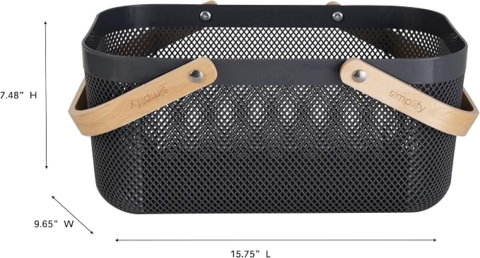 Simplify Large Mesh Plastic Storage Basket with Wooden Handle CHARCOAL Color | Garden Harvest Organizer | Kitchen Pantry Storage Bin