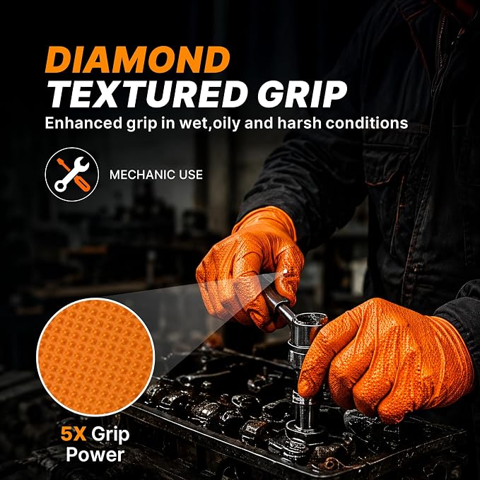 TitanFlex Heavy Duty Industrial Orange Nitrile Gloves, 8-mil, Gloves Disposable Latex Free with Raised Diamond Texture Grip, Powder Free, Rubber Glove, Mechanic Gloves,1000-ct Case (Small)