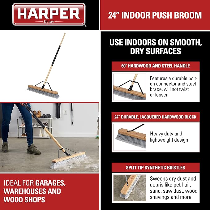 Harper 24 Inch Indoor Smooth-Surface Push Broom with Flagged Bristles for Sand, Saw Dust, Wood Shavings and Pet Hair in Garages, Warehouses, and Workshops