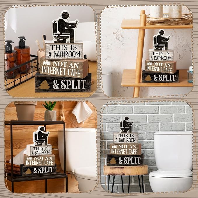 Moucuny 4 Pcs Funny Bathroom Sign, This Is A Bathroom Not An Internet Cafe | Humorous Bathroom Shelf Decor, Farmhouse Rustic Wood, Tiered Tray Accessories, Toilet Humor Conversation Piece