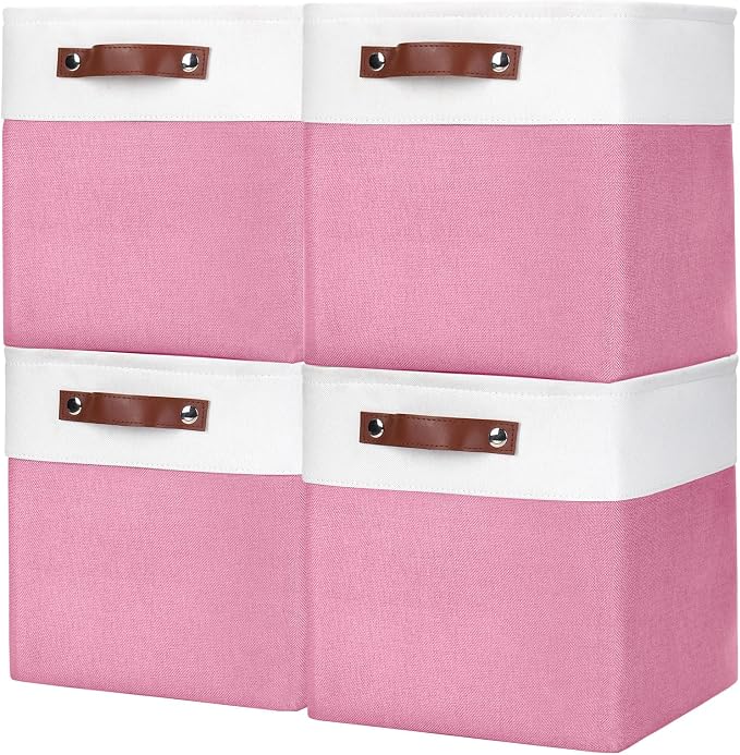Collapsible Fabric Storage Cubes 11x11 Cube Storage Bins, 4 Pack Closet Baskets Box with Handles for Organizing, Shelf, Toys, Clothes, Home, Office, Nursery (Pink&White)