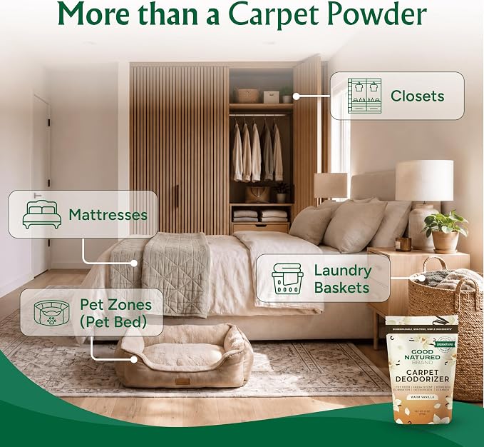 Good Natured Brand | Carpet Freshener & Deodorizer Powder | 31 oz Pet Odor Eliminator for Strong Odor & Pet Urine | Fresh Natural Warm Vanilla Scent | Safe for Homes with Pets