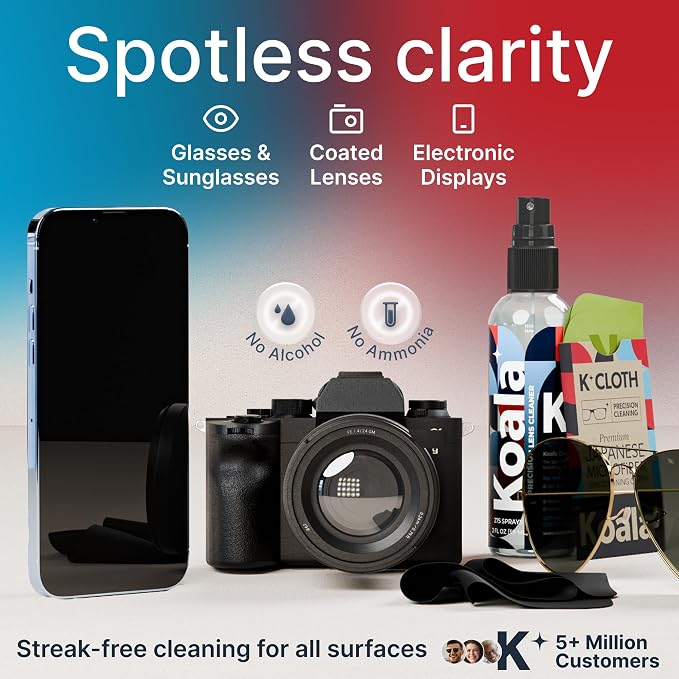 Koala Eyeglass Lens Cleaner Spray Kit | Japanese Microfiber (6 Piece Set) | (2x) 8oz + (1x) 2oz Glasses Cleaner Bottle + (3x) Microfiber Cloth | Alcohol Free Eyeglasses, Screen, and Camera Cleaning Kit